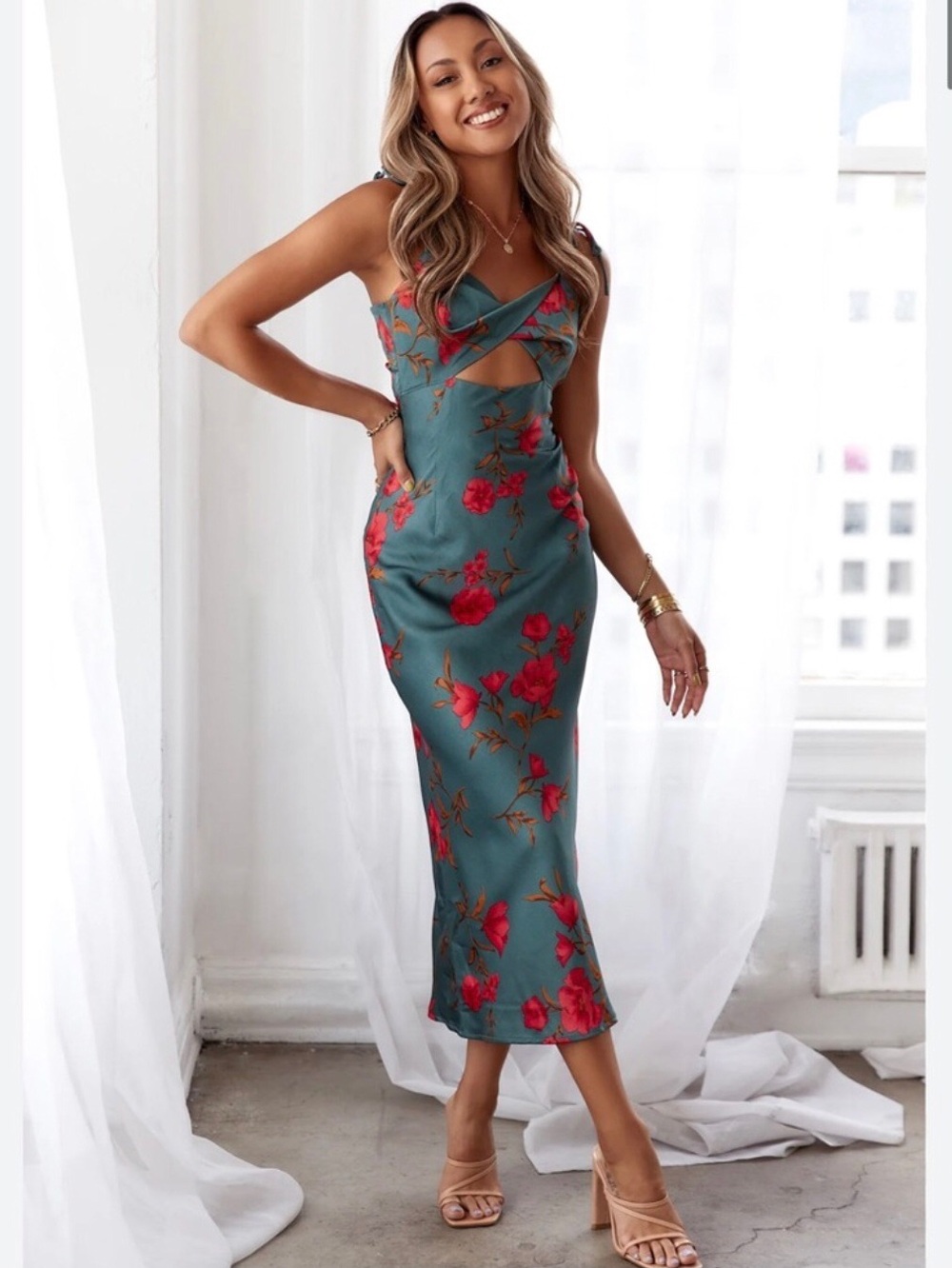 Hello Molly X-Small Green Floral Fool Me Once Midi Dress Cocktail Satin Keyhole